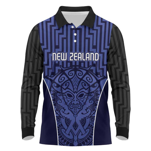 Custom Basketball New Zealand Long Sleeve Polo Shirt Blue Maori Ta Moko Indigenous - Aussie Hoodie
