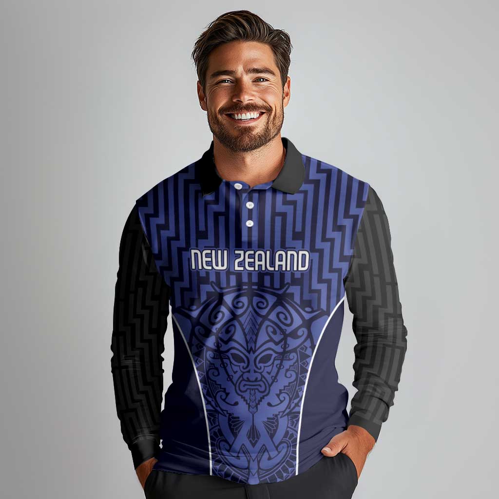 Custom Basketball New Zealand Long Sleeve Polo Shirt Blue Maori Ta Moko Indigenous - Aussie Hoodie