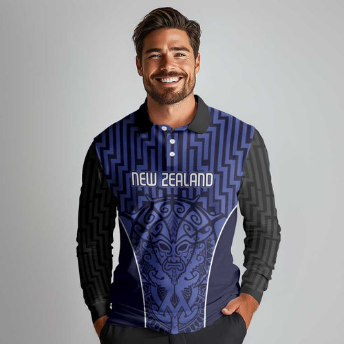Custom Basketball New Zealand Long Sleeve Polo Shirt Blue Maori Ta Moko Indigenous - Aussie Hoodie