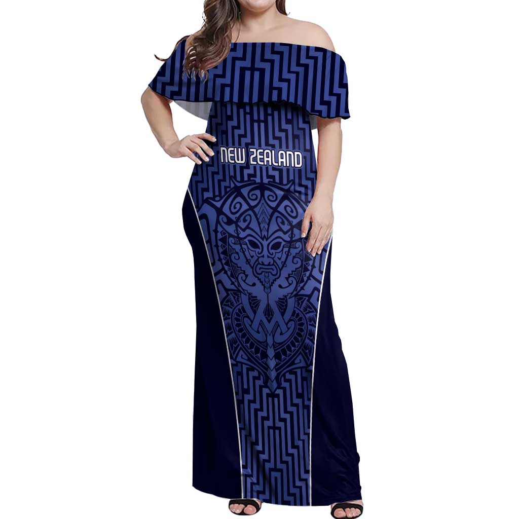 Custom Basketball New Zealand Off Shoulder Maxi Dress Blue Maori Ta Moko Indigenous - Aussie Hoodie