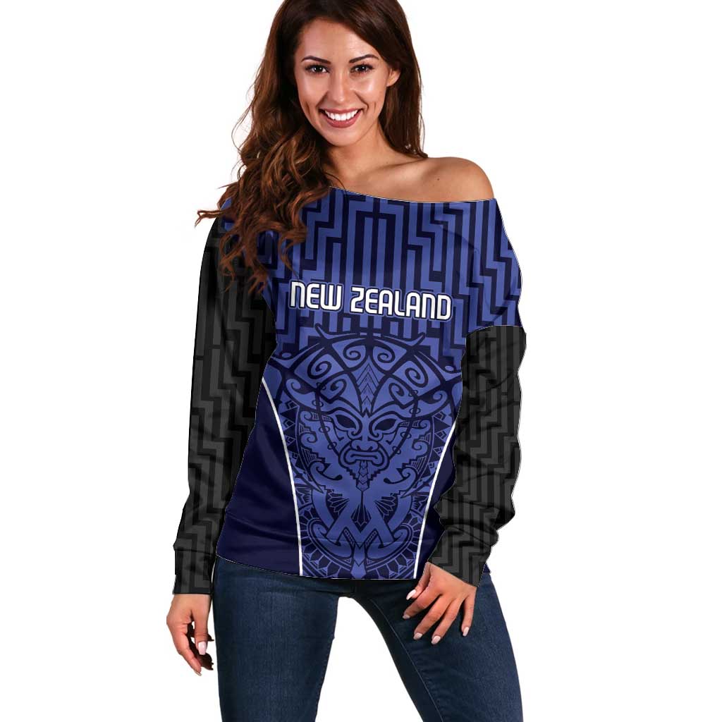 Custom Basketball New Zealand Off Shoulder Sweater Blue Maori Ta Moko Indigenous - Aussie Hoodie