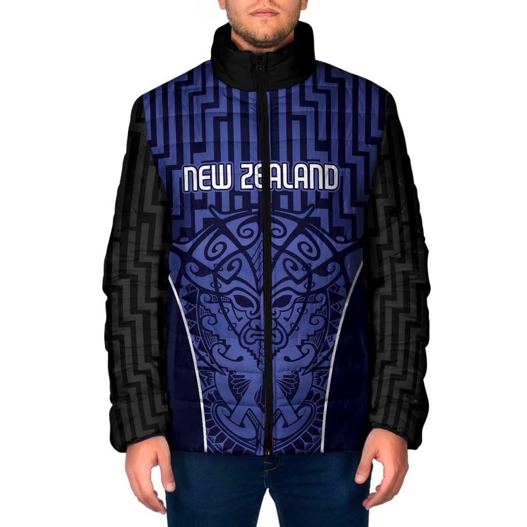 Custom Basketball New Zealand Padded Jacket Blue Maori Ta Moko Indigenous - Aussie Hoodie
