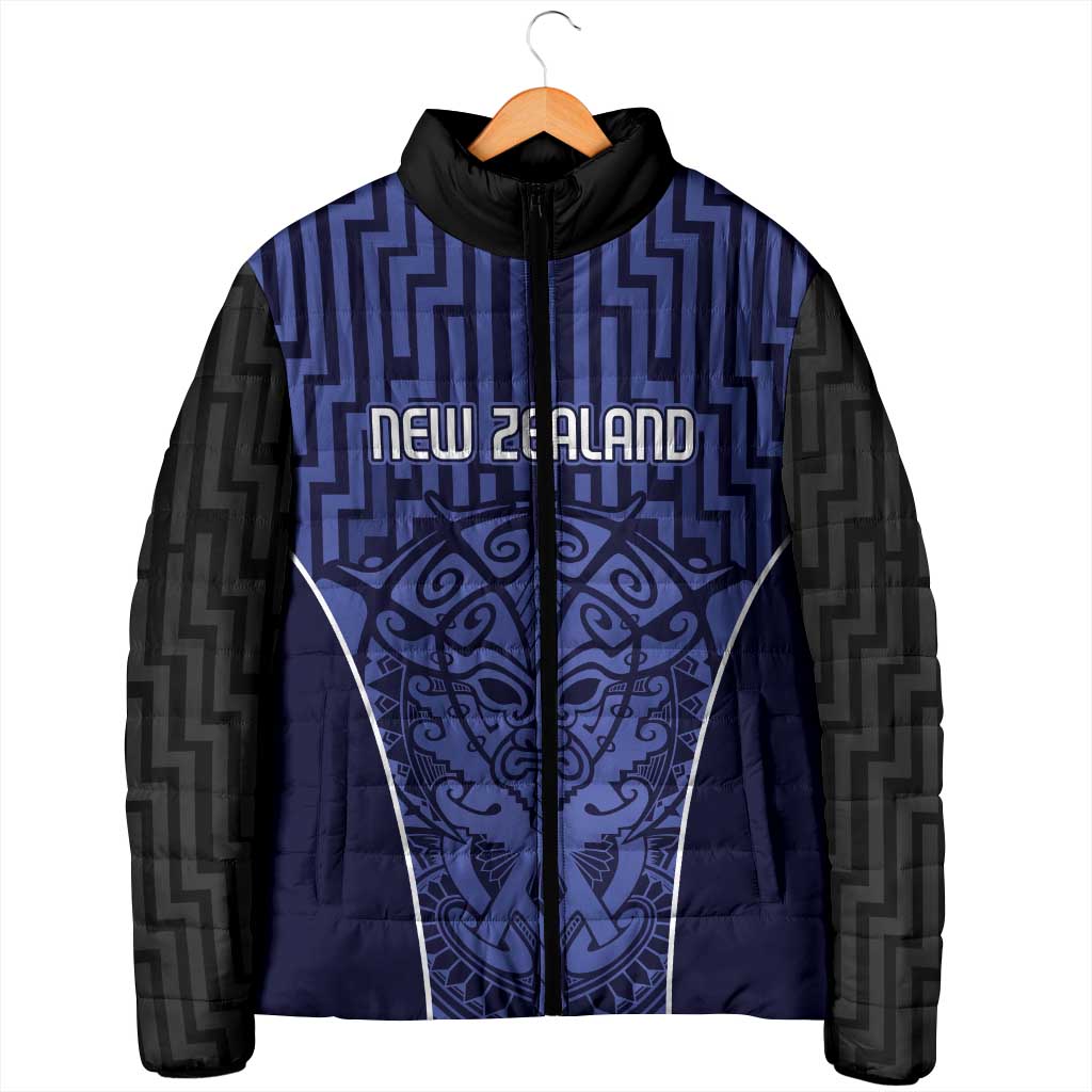 Custom Basketball New Zealand Padded Jacket Blue Maori Ta Moko Indigenous - Aussie Hoodie