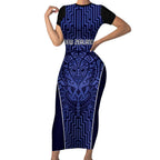 Custom Basketball New Zealand Short Sleeve Bodycon Dress Blue Maori Ta Moko Indigenous - Aussie Hoodie