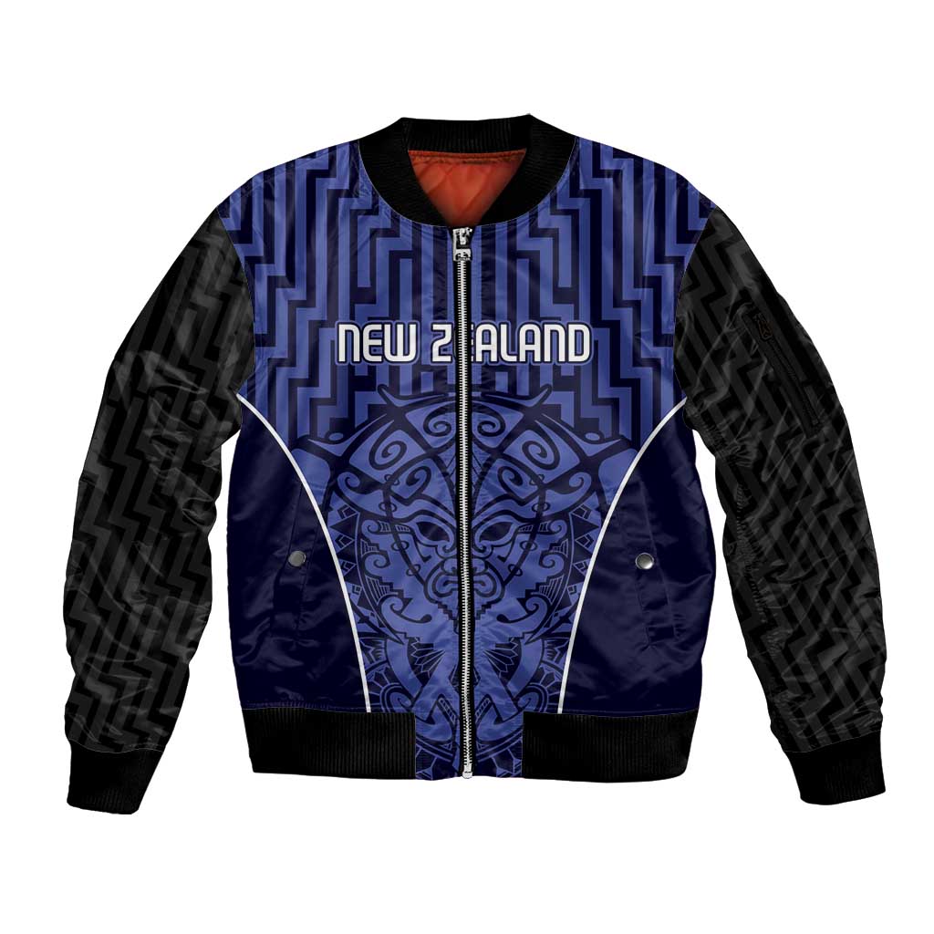 Custom Basketball New Zealand Sleeve Zip Bomber Jacket Blue Maori Ta Moko Indigenous - Aussie Hoodie