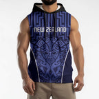 Custom Basketball New Zealand Sleeveless Hoodie Blue Maori Ta Moko Indigenous - Aussie Hoodie