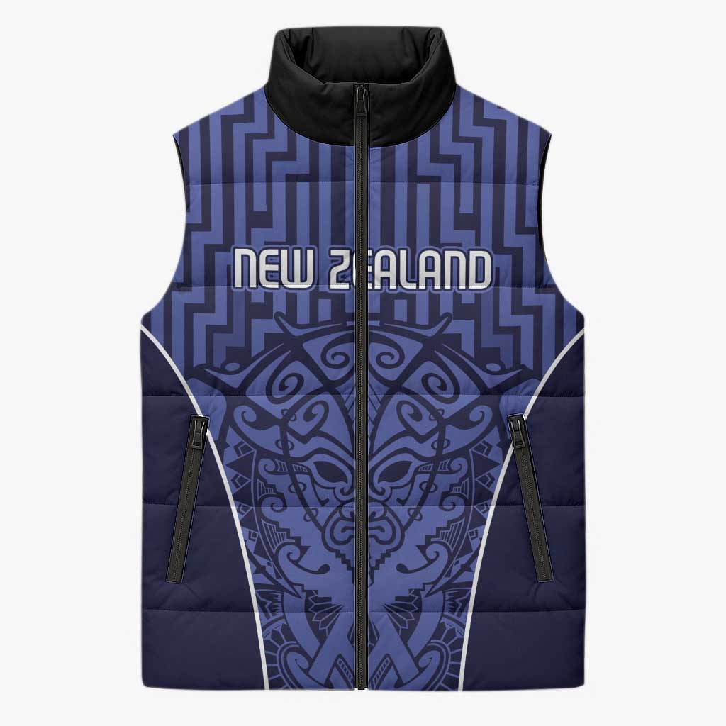 Custom Basketball New Zealand Sleeveless Puffer Jacket Blue Maori Ta Moko Indigenous - Aussie Hoodie