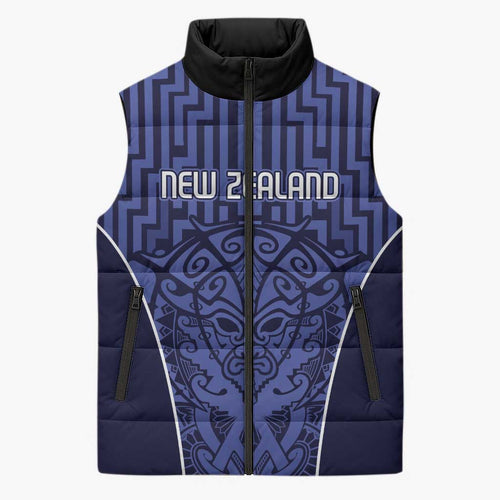 Custom Basketball New Zealand Sleeveless Puffer Jacket Blue Maori Ta Moko Indigenous - Aussie Hoodie