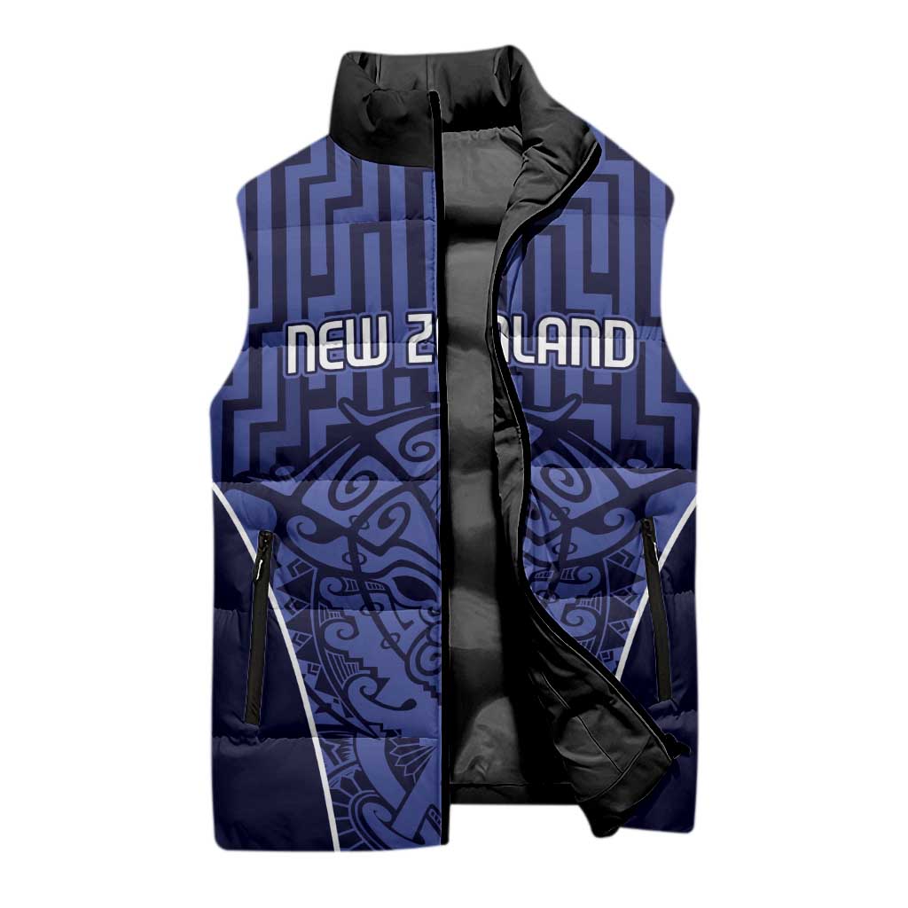 Custom Basketball New Zealand Sleeveless Puffer Jacket Blue Maori Ta Moko Indigenous - Aussie Hoodie
