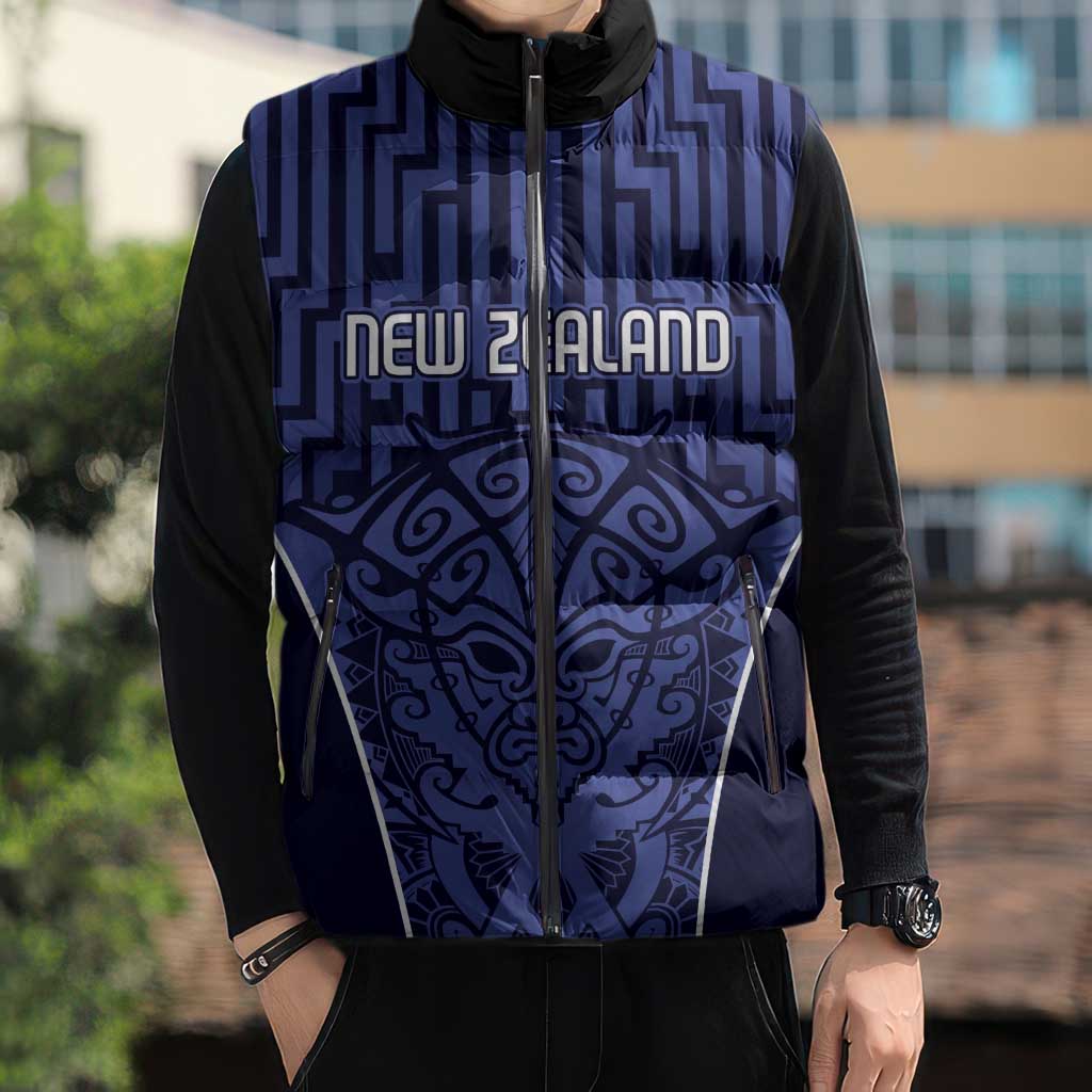 Custom Basketball New Zealand Sleeveless Puffer Jacket Blue Maori Ta Moko Indigenous - Aussie Hoodie