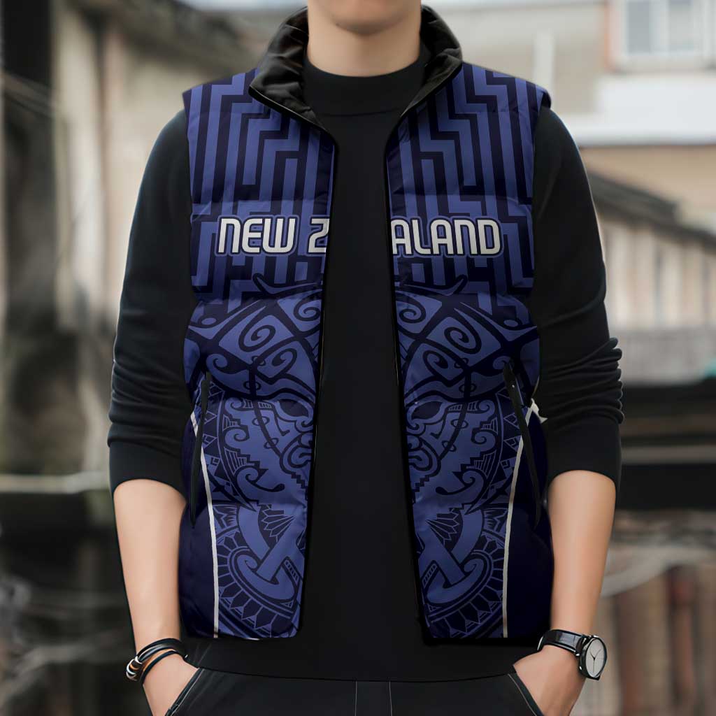 Custom Basketball New Zealand Sleeveless Puffer Jacket Blue Maori Ta Moko Indigenous - Aussie Hoodie