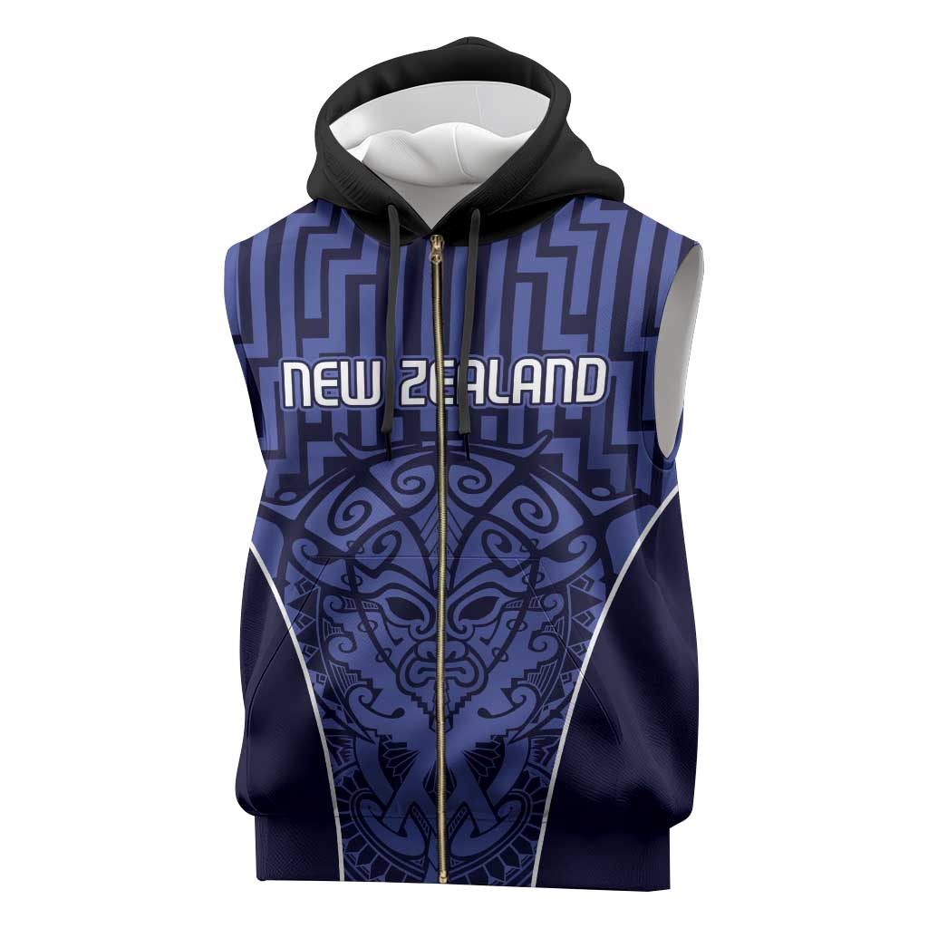 Custom Basketball New Zealand Sleeveless Zip Hoodie Blue Maori Ta Moko Indigenous - Aussie Hoodie