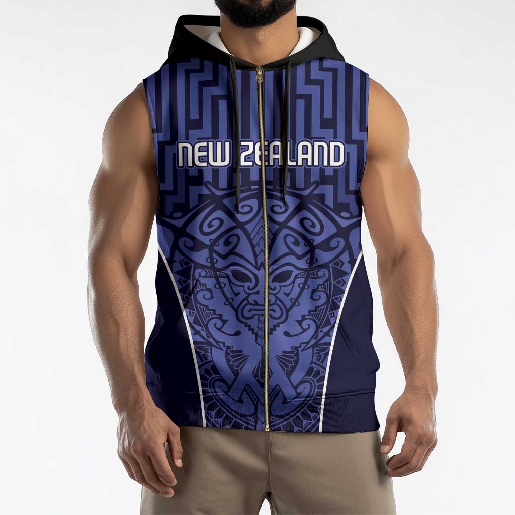 Custom Basketball New Zealand Sleeveless Zip Hoodie Blue Maori Ta Moko Indigenous - Aussie Hoodie