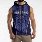 Custom Basketball New Zealand Sleeveless Zip Hoodie Blue Maori Ta Moko Indigenous LT9