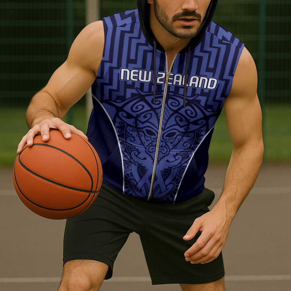Custom Basketball New Zealand Sleeveless Zip Hoodie Blue Maori Ta Moko Indigenous - Aussie Hoodie