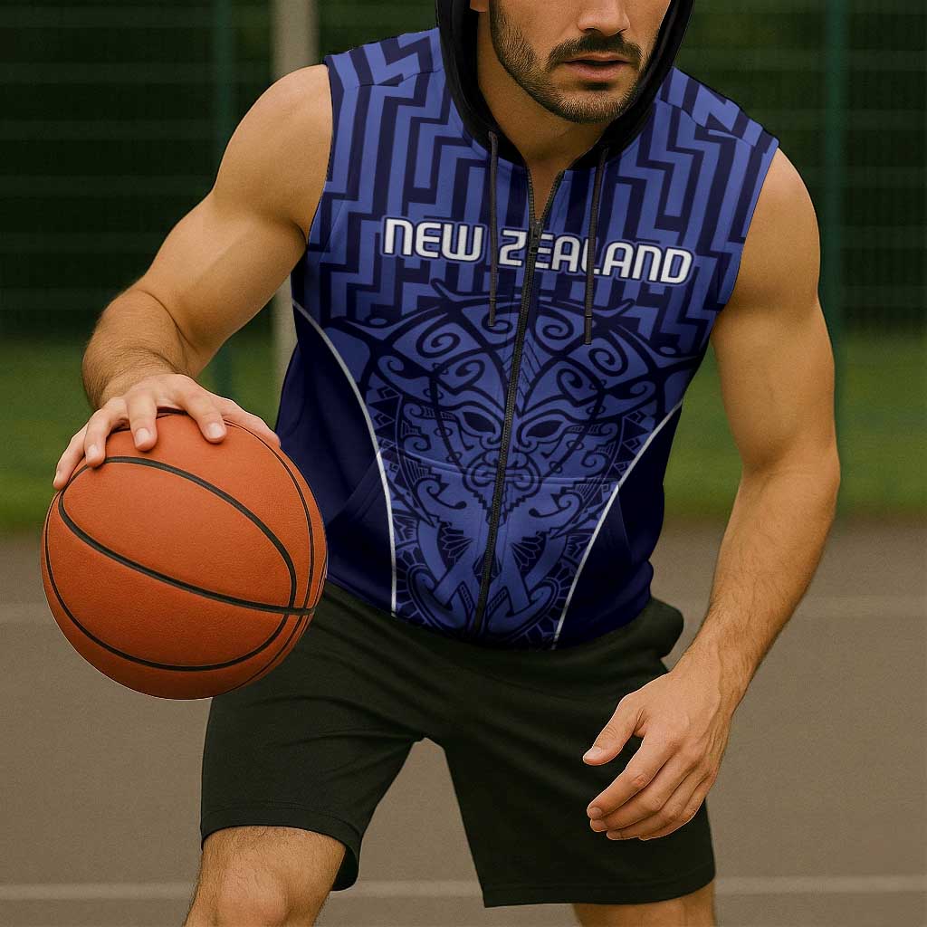 Custom Basketball New Zealand Sleeveless Zip Hoodie Blue Maori Ta Moko Indigenous LT9