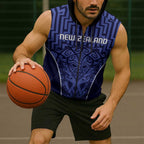 Custom Basketball New Zealand Sleeveless Zip Hoodie Blue Maori Ta Moko Indigenous LT9