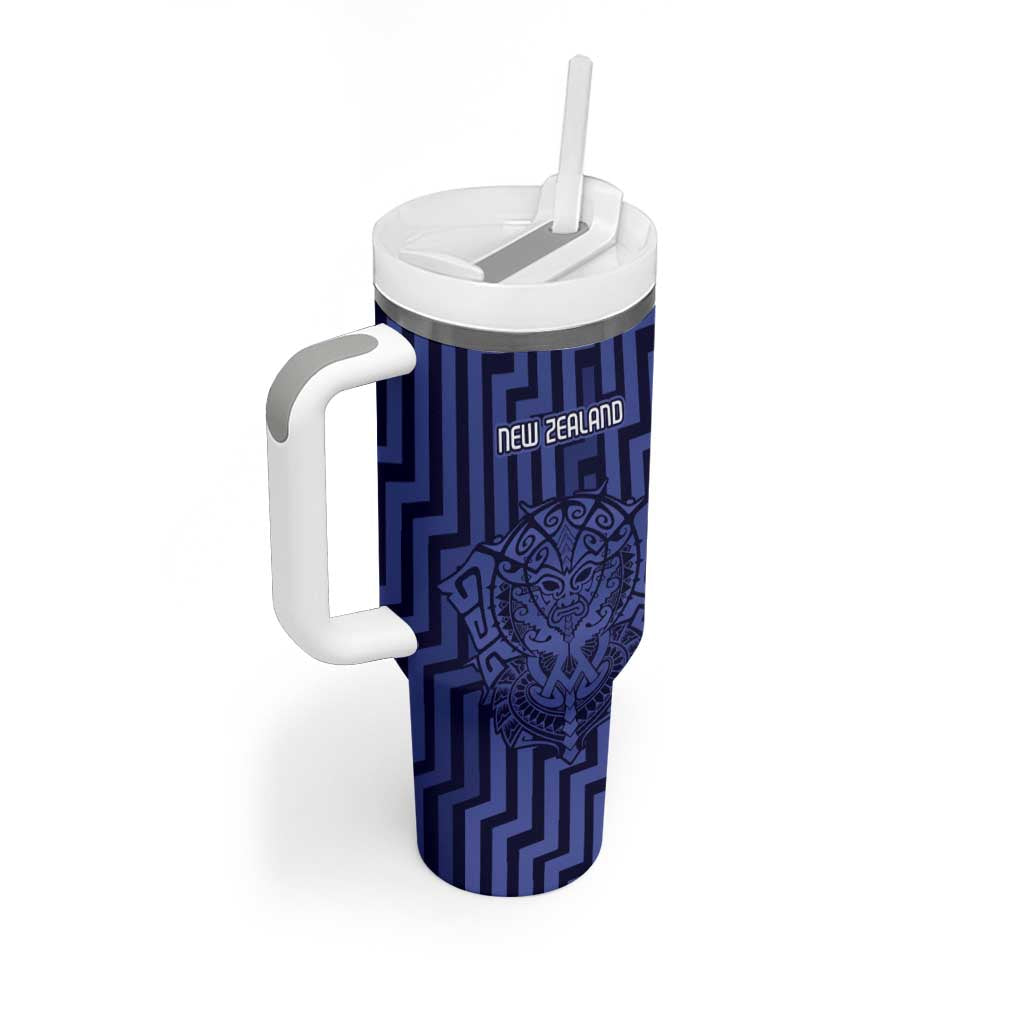 Custom Basketball New Zealand Tumbler With Handle Blue Maori Ta Moko Indigenous - Aussie Hoodie