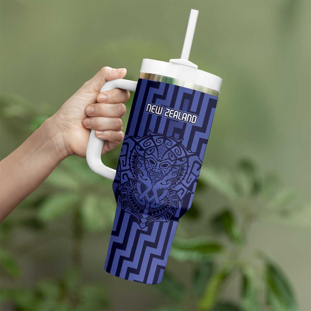 Custom Basketball New Zealand Tumbler With Handle Blue Maori Ta Moko Indigenous - Aussie Hoodie