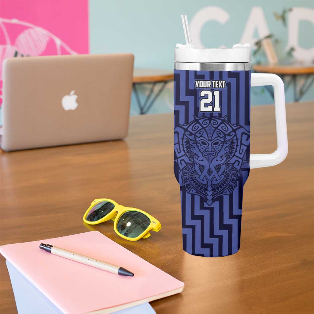 Custom Basketball New Zealand Tumbler With Handle Blue Maori Ta Moko Indigenous - Aussie Hoodie