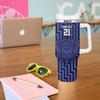 Custom Basketball New Zealand Tumbler With Handle Blue Maori Ta Moko Indigenous - Aussie Hoodie