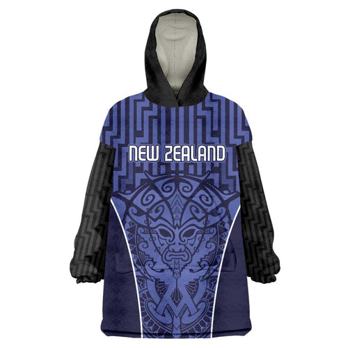 Custom Basketball New Zealand Wearable Blanket Hoodie Blue Maori Ta Moko Indigenous - Aussie Hoodie