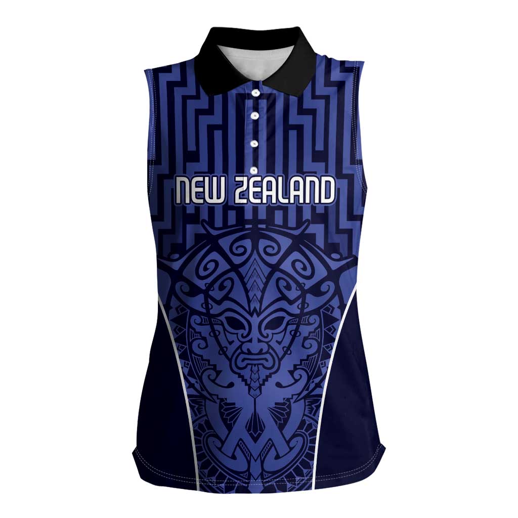Custom Basketball New Zealand Women Sleeveless Polo Shirt Blue Maori Ta Moko Indigenous - Aussie Hoodie