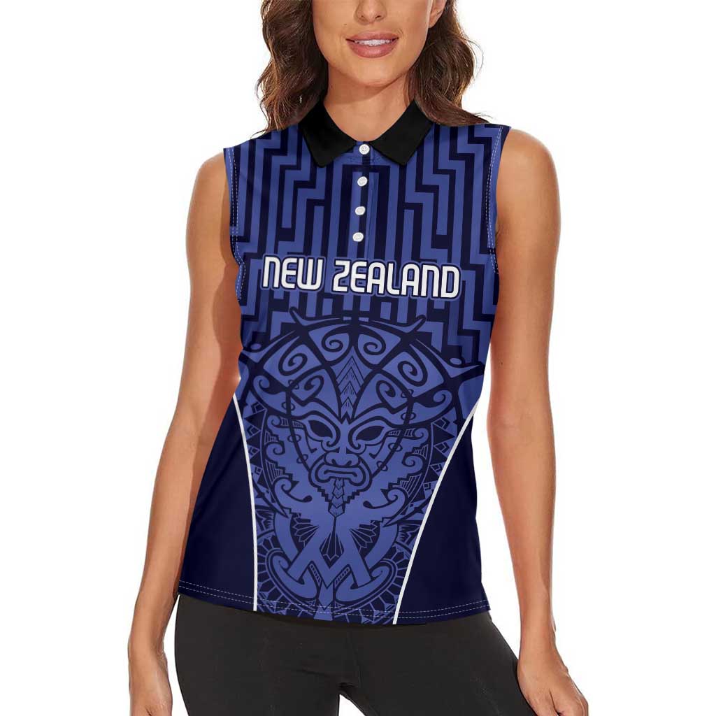 Custom Basketball New Zealand Women Sleeveless Polo Shirt Blue Maori Ta Moko Indigenous - Aussie Hoodie