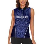 Custom Basketball New Zealand Women Sleeveless Polo Shirt Blue Maori Ta Moko Indigenous - Aussie Hoodie