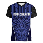 Custom Basketball New Zealand Women V-Neck T-Shirt Blue Maori Ta Moko Indigenous - Aussie Hoodie