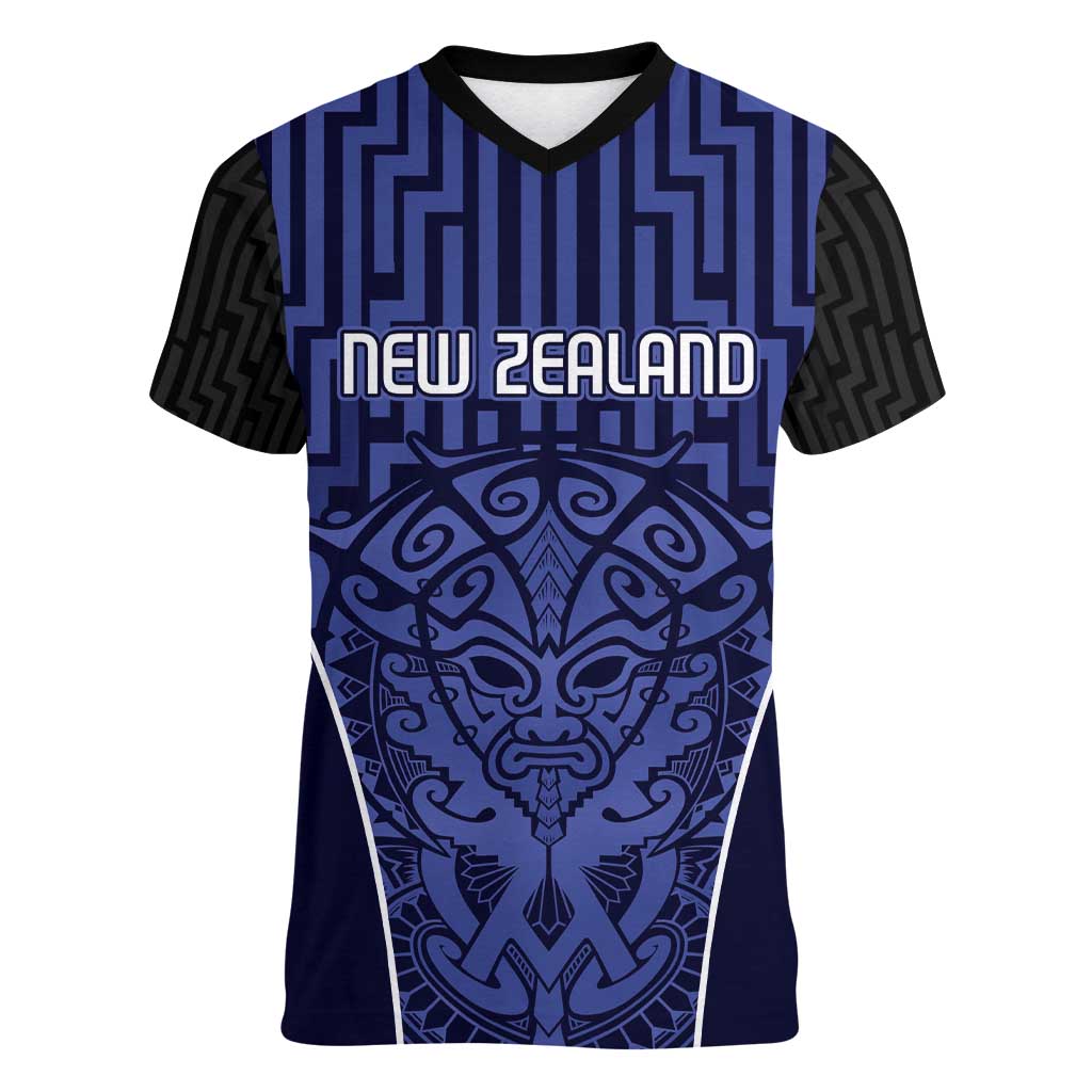 Custom Basketball New Zealand Women V-Neck T-Shirt Blue Maori Ta Moko Indigenous - Aussie Hoodie
