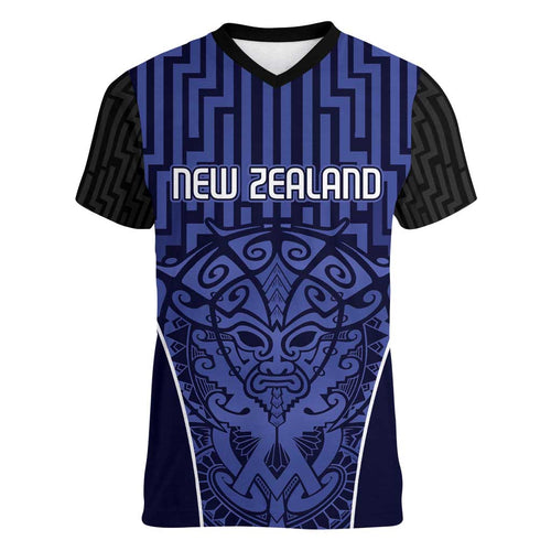 Custom Basketball New Zealand Women V-Neck T-Shirt Blue Maori Ta Moko Indigenous - Aussie Hoodie