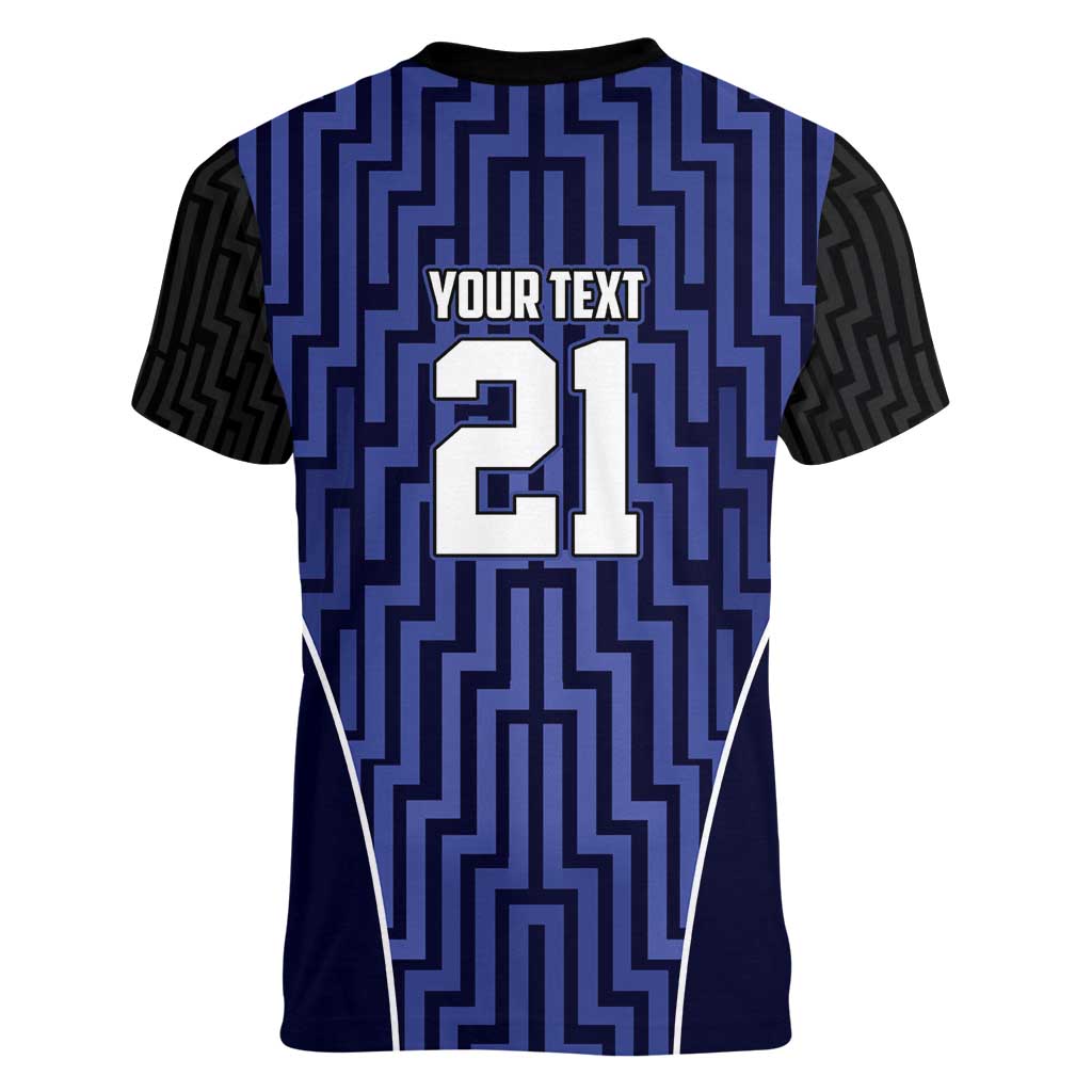 Custom Basketball New Zealand Women V-Neck T-Shirt Blue Maori Ta Moko Indigenous - Aussie Hoodie