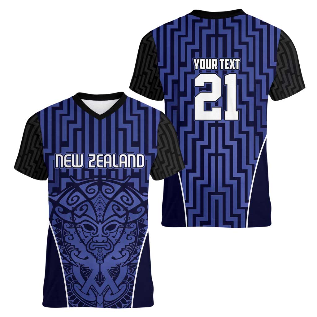 Custom Basketball New Zealand Women V-Neck T-Shirt Blue Maori Ta Moko Indigenous - Aussie Hoodie
