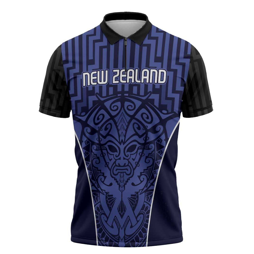 Custom Basketball New Zealand Zipper Polo Shirt Blue Maori Ta Moko Indigenous - Aussie Hoodie