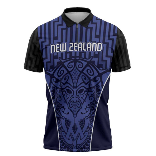 Custom Basketball New Zealand Zipper Polo Shirt Blue Maori Ta Moko Indigenous - Aussie Hoodie
