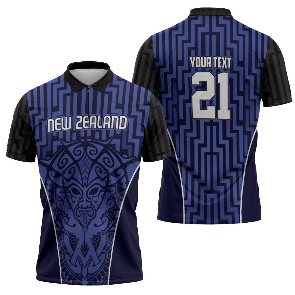 Custom Basketball New Zealand Zipper Polo Shirt Blue Maori Ta Moko Indigenous - Aussie Hoodie
