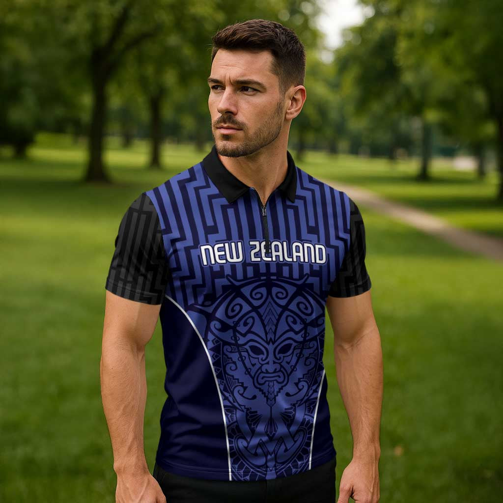 Custom Basketball New Zealand Zipper Polo Shirt Blue Maori Ta Moko Indigenous - Aussie Hoodie