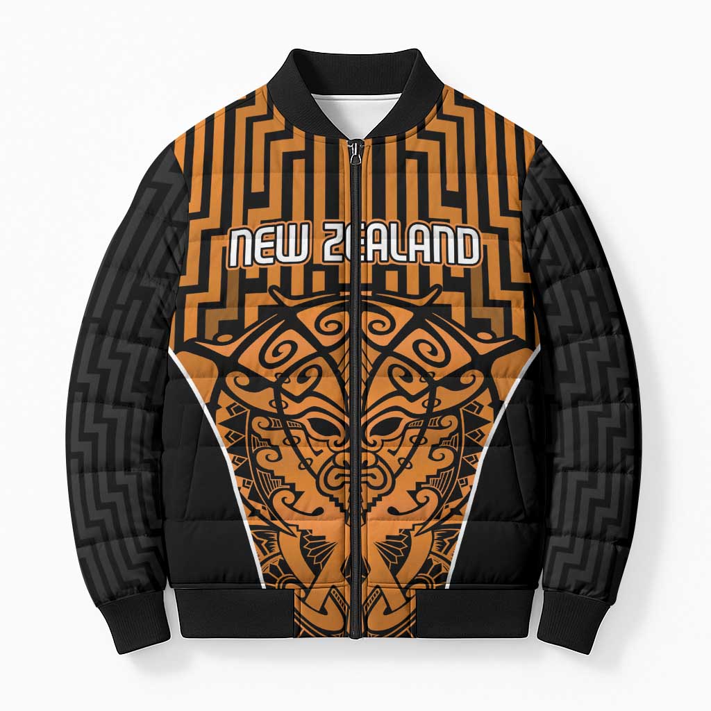 Custom Basketball New Zealand Bomber Puffer Jacket Gold Maori Ta Moko Indigenous - Aussie Hoodie