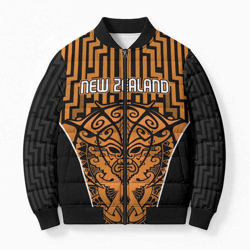 Custom Basketball New Zealand Bomber Puffer Jacket Gold Maori Ta Moko Indigenous - Aussie Hoodie