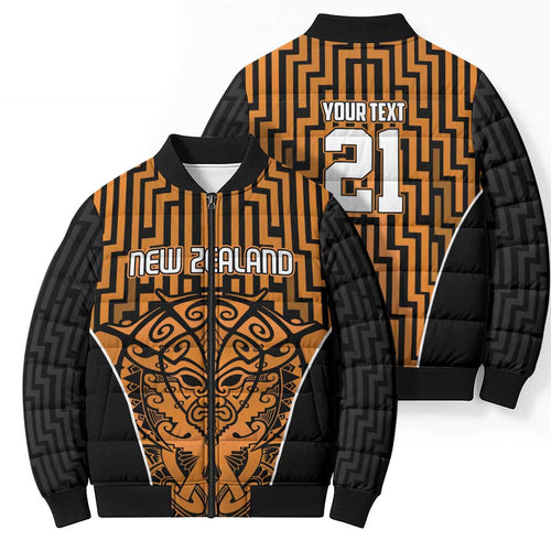 Custom Basketball New Zealand Bomber Puffer Jacket Gold Maori Ta Moko Indigenous - Aussie Hoodie