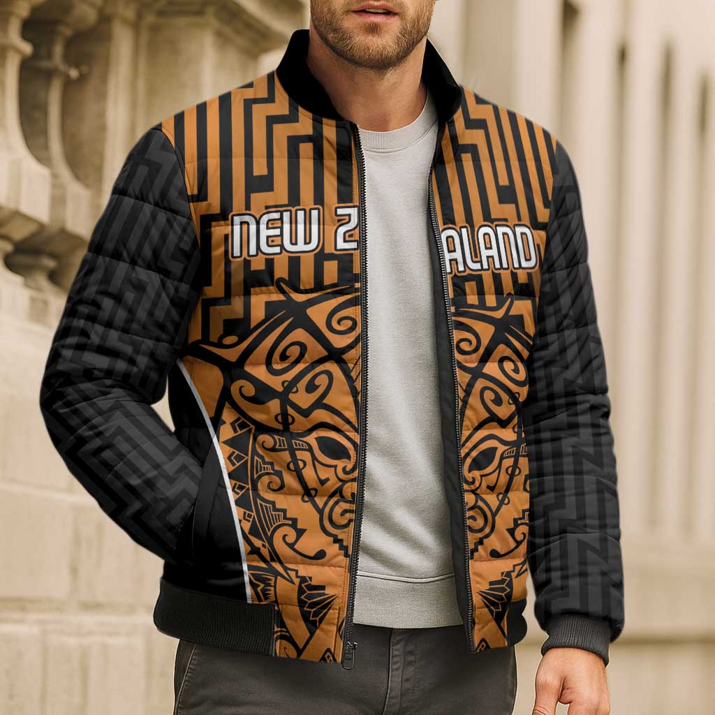 Custom Basketball New Zealand Bomber Puffer Jacket Gold Maori Ta Moko Indigenous - Aussie Hoodie