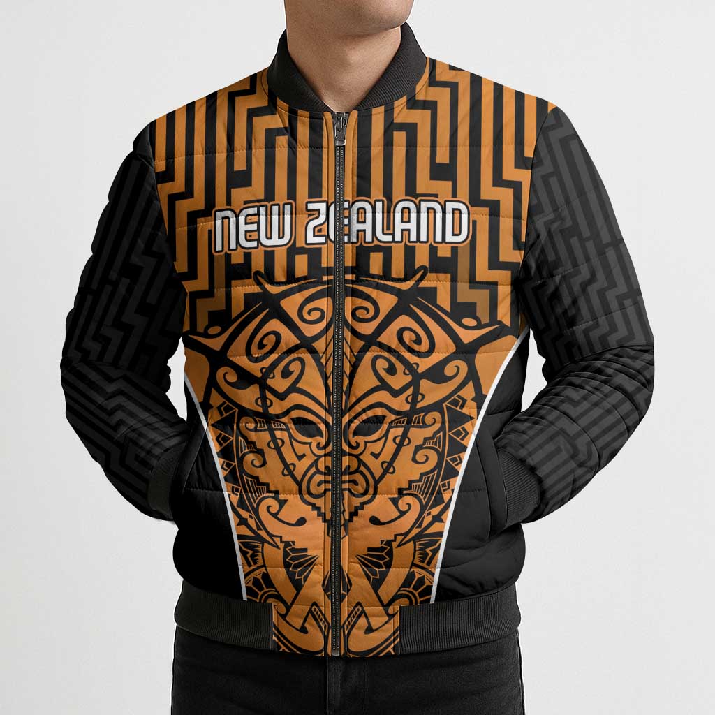 Custom Basketball New Zealand Bomber Puffer Jacket Gold Maori Ta Moko Indigenous - Aussie Hoodie