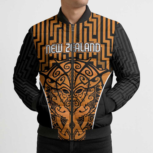Custom Basketball New Zealand Bomber Puffer Jacket Gold Maori Ta Moko Indigenous - Aussie Hoodie