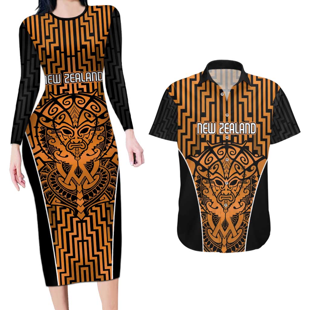 Custom Basketball New Zealand Couples Matching Long Sleeve Bodycon Dress and Hawaiian Shirt Gold Maori Ta Moko Indigenous - Aussie Hoodie