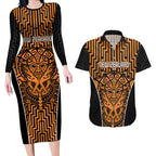 Custom Basketball New Zealand Couples Matching Long Sleeve Bodycon Dress and Hawaiian Shirt Gold Maori Ta Moko Indigenous - Aussie Hoodie
