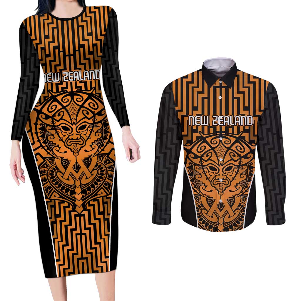 Custom Basketball New Zealand Couples Matching Long Sleeve Bodycon Dress and Long Sleeve Button Shirt Gold Maori Ta Moko Indigenous - Aussie Hoodie