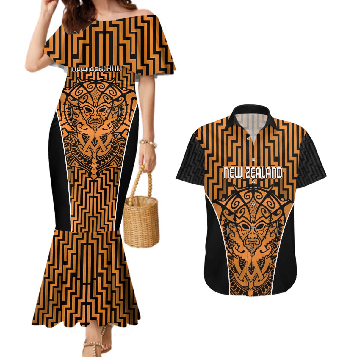 Custom Basketball New Zealand Couples Matching Mermaid Dress and Hawaiian Shirt Gold Maori Ta Moko Indigenous - Aussie Hoodie