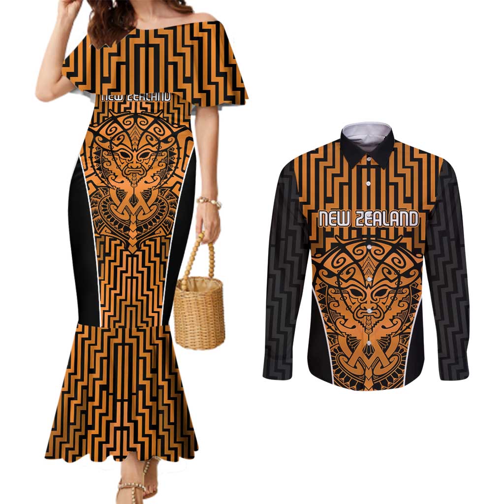 Custom Basketball New Zealand Couples Matching Mermaid Dress and Long Sleeve Button Shirt Gold Maori Ta Moko Indigenous - Aussie Hoodie