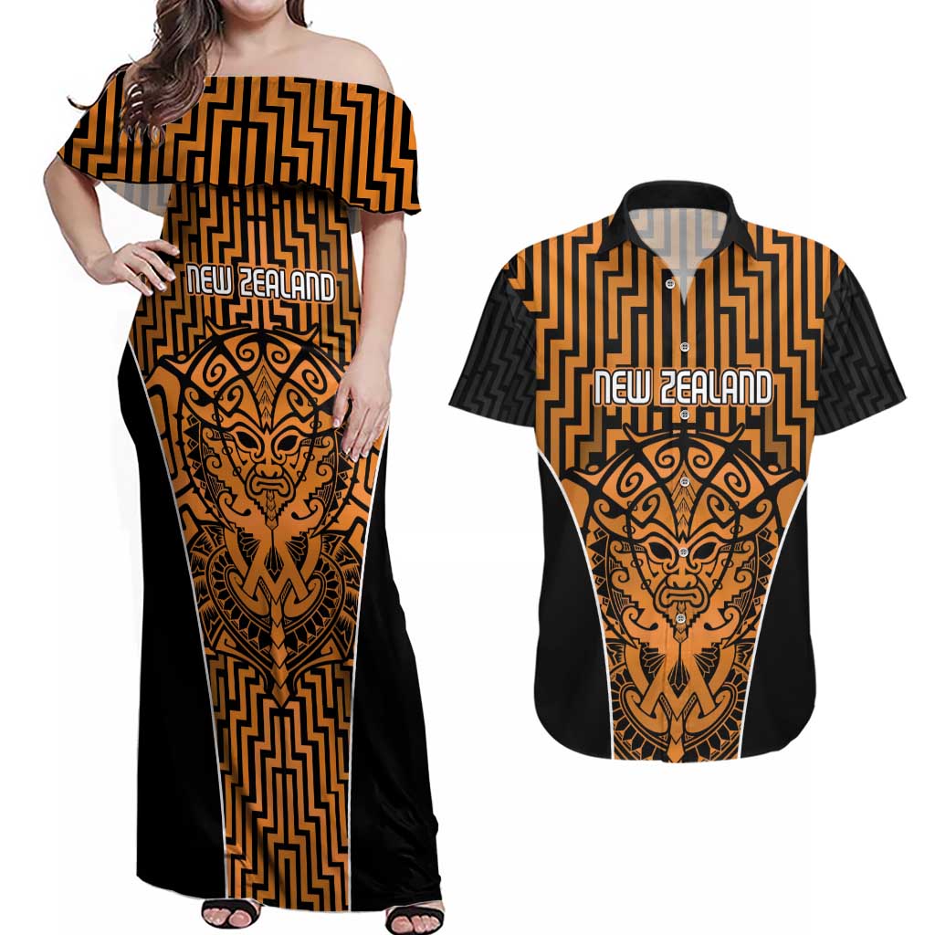 Custom Basketball New Zealand Couples Matching Off Shoulder Maxi Dress and Hawaiian Shirt Gold Maori Ta Moko Indigenous - Aussie Hoodie